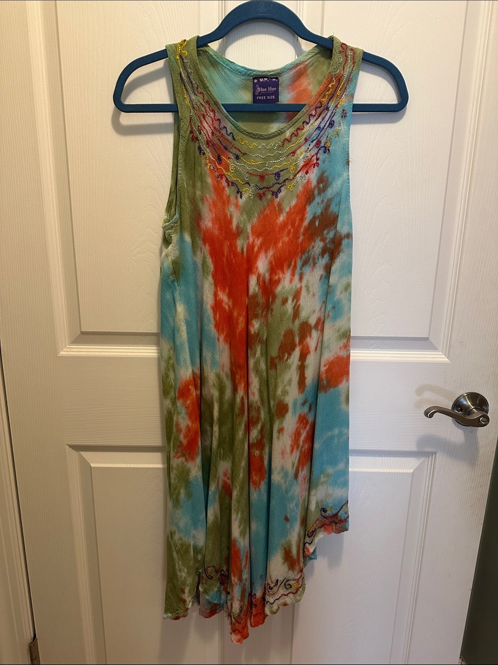 Tie-Dye Midi Dress with Embroidered Neckline - Blue/Green/Orange